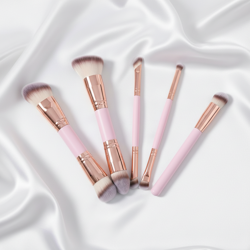 5-piece brush set in row on white silk