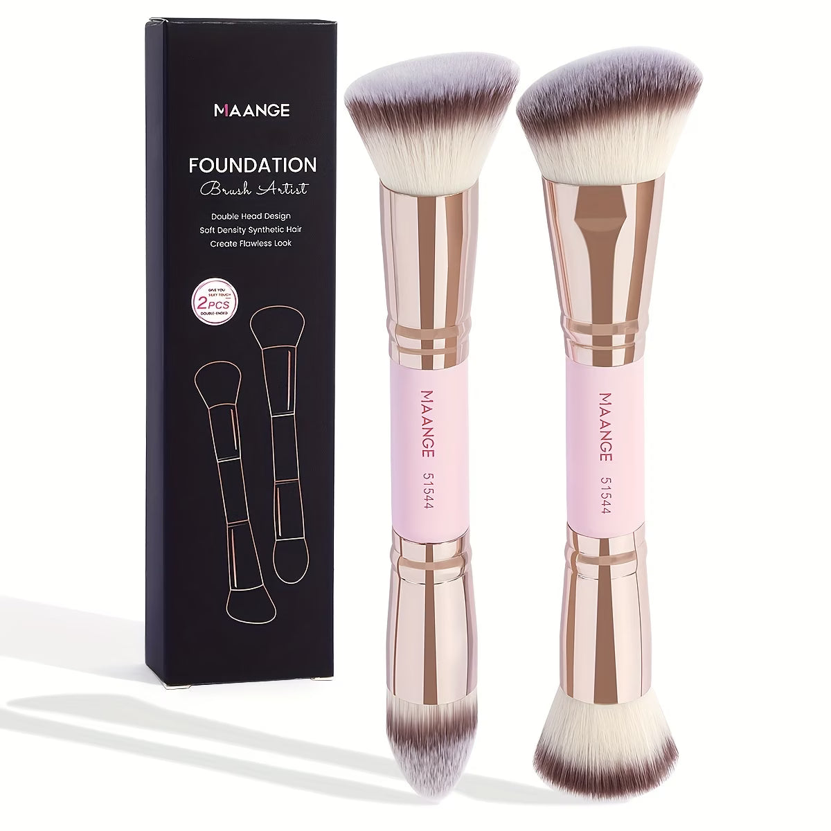 MAANGE Flawless Foundation and Contouring Brush Set in pink and rose gold, featuring soft synthetic bristles for precise makeup coverage.