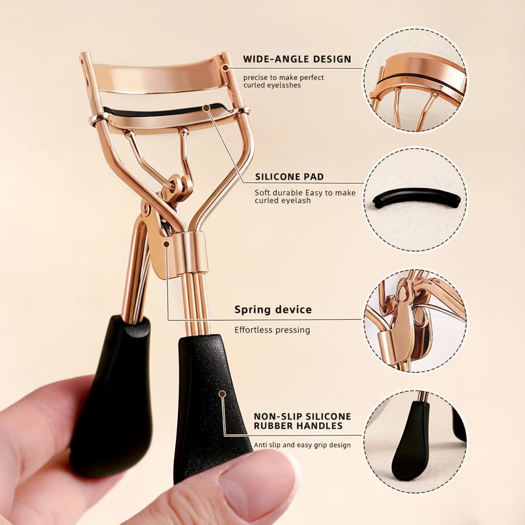 Mobile optimized eyelash curler with features